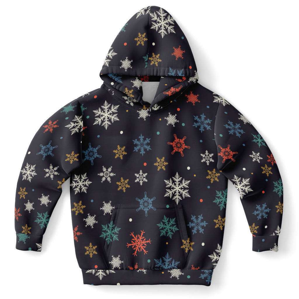 Kids Colorful Snowflake Christmas Hoodie – Ultra Comfy & Stretchy, Cozy Fleece or Lightweight Sports Fabric, Double-Layer Hood & Kangaroo Pocket