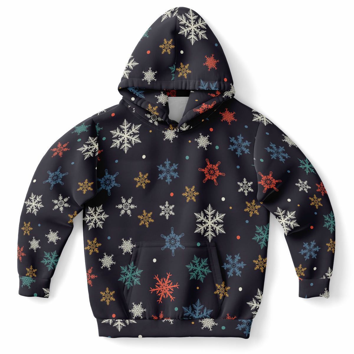 Kids Colorful Snowflake Christmas Hoodie – Ultra Comfy & Stretchy, Cozy Fleece or Lightweight Sports Fabric, Double-Layer Hood & Kangaroo Pocket