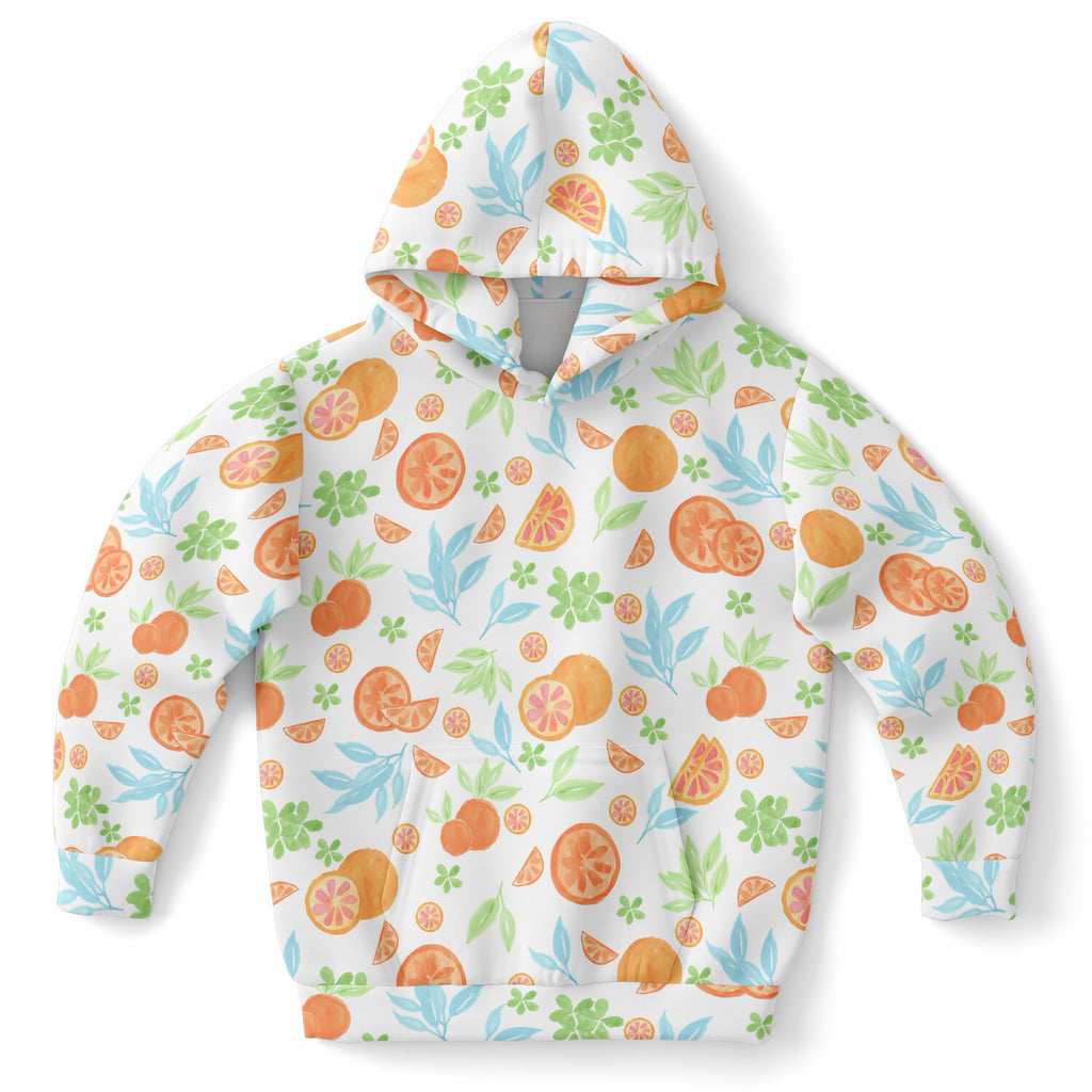 Kids Watercolor Orange Citrus Hoodie – Ultra Comfy & Stretchy, Cozy Fleece or Lightweight Sports Fabric, Double-Layer Hood & Kangaroo Pocket