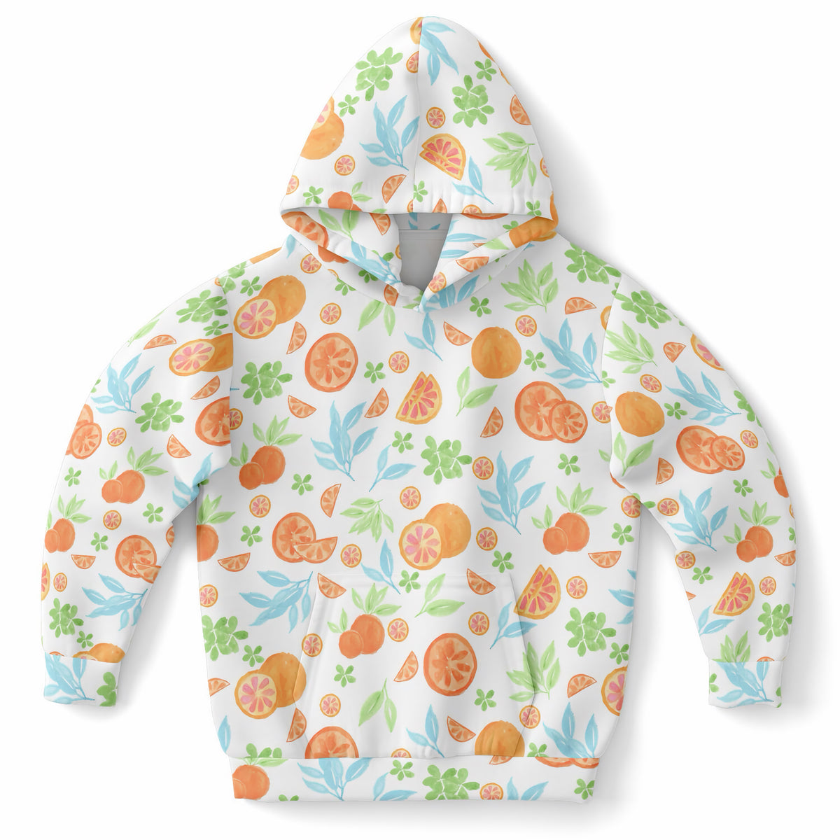 Kids Watercolor Orange Citrus Hoodie – Ultra Comfy & Stretchy, Cozy Fleece or Lightweight Sports Fabric, Double-Layer Hood & Kangaroo Pocket