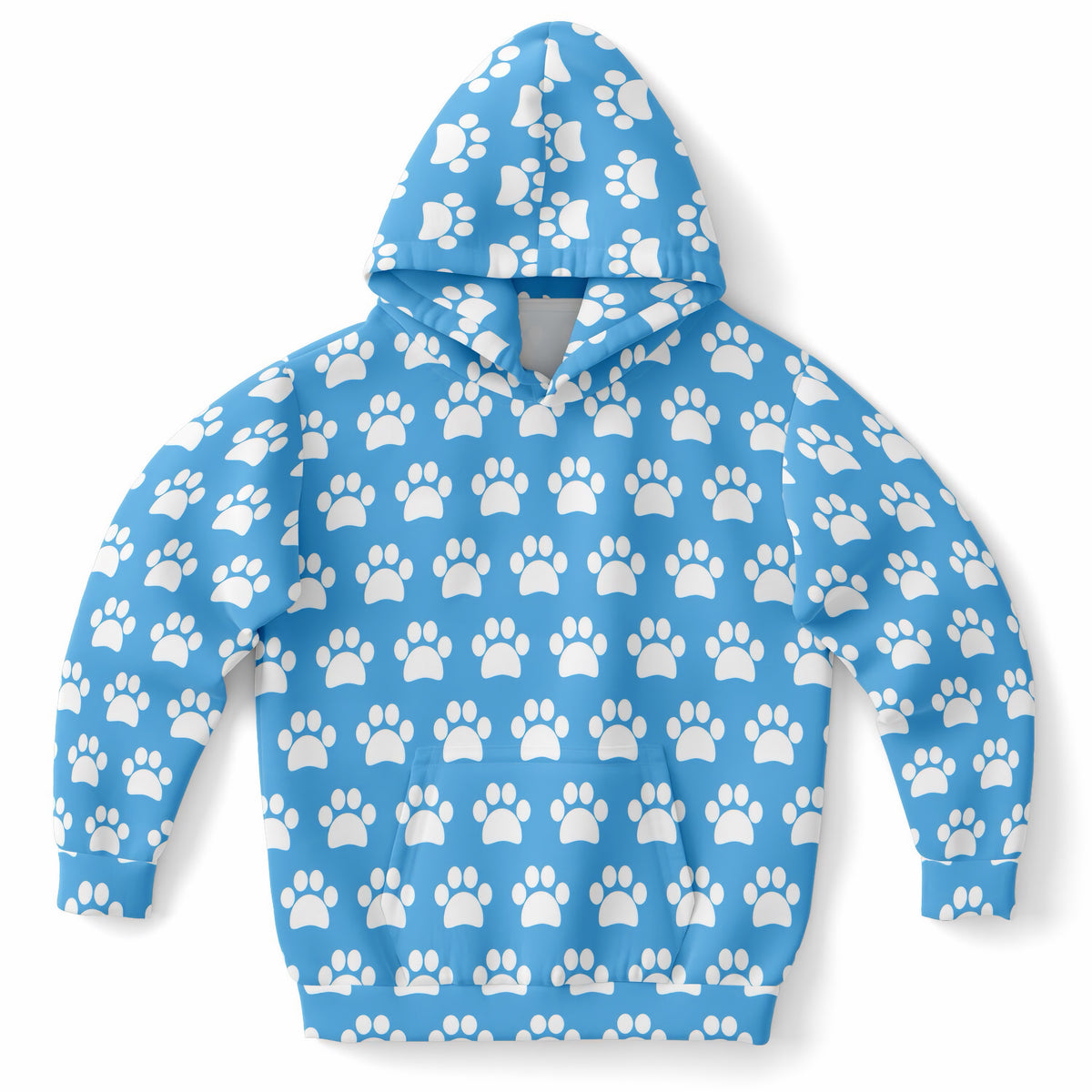 Kids Sky Blue Paw Print Hoodie – Ultra Comfy & Stretchy, Cozy Fleece or Lightweight Sports Fabric, Double-Layer Hood & Kangaroo Pocket