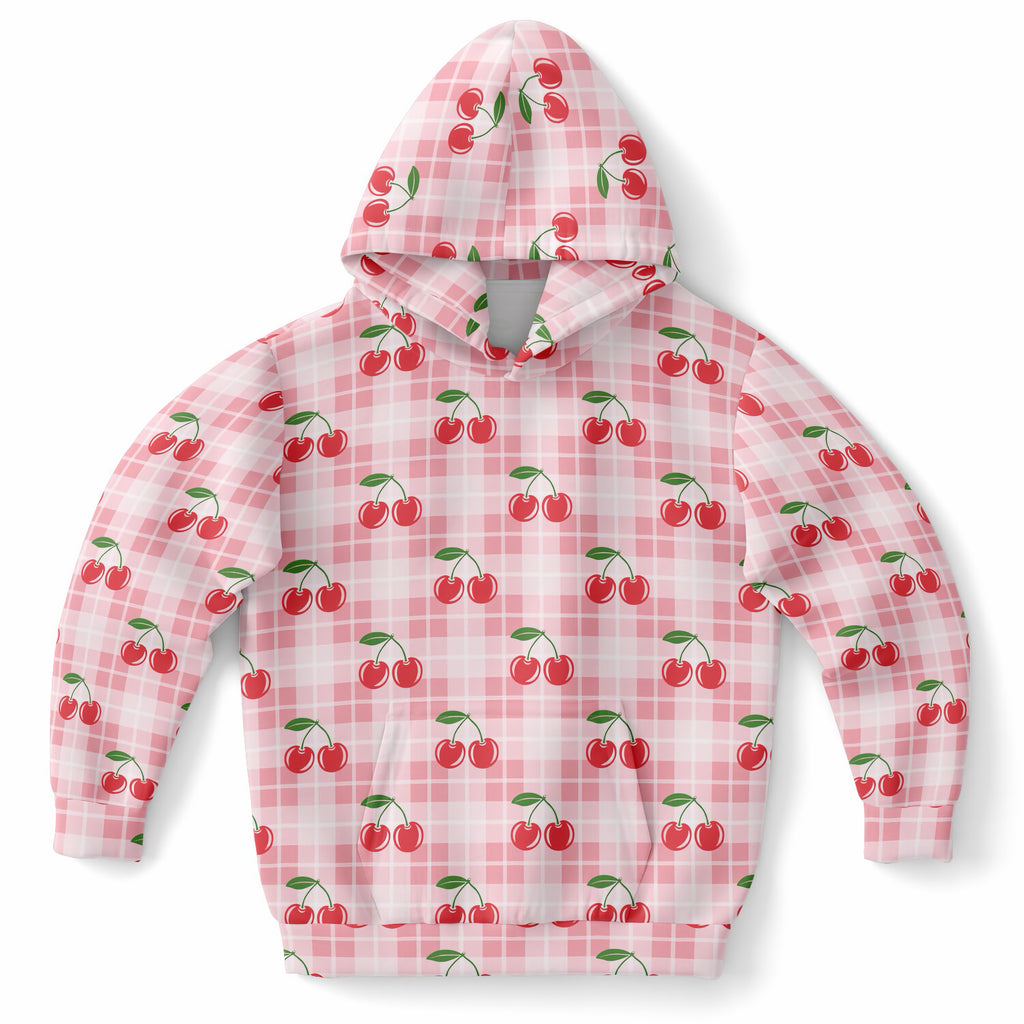 Girls Pink Cherry Plaid Hoodie – Ultra Comfy & Stretchy, Cozy Fleece or Lightweight Sports Fabric, Double-Layer Hood & Kangaroo Pocket