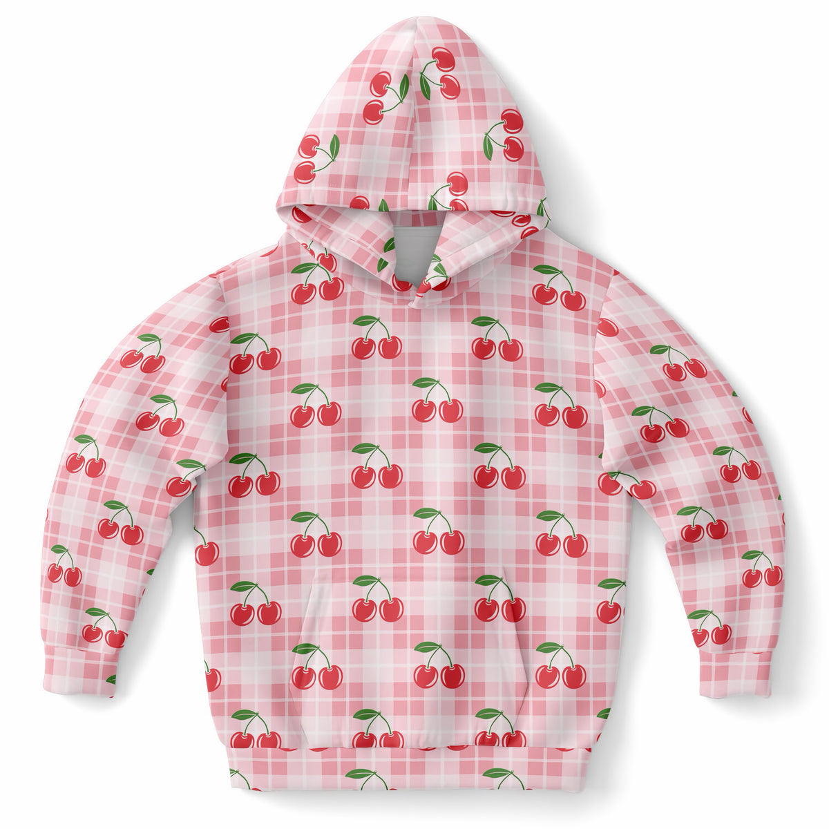 Girls Pink Cherry Plaid Hoodie – Ultra Comfy & Stretchy, Cozy Fleece or Lightweight Sports Fabric, Double-Layer Hood & Kangaroo Pocket