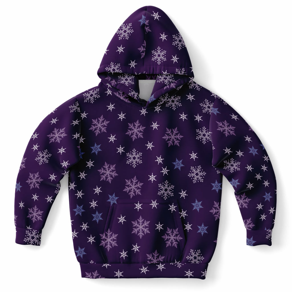 Kids Purple Snowflakes Christmas Hoodie – Ultra Comfy & Stretchy, Cozy Fleece or Lightweight Sports Fabric, Double-Layer Hood & Kangaroo Pocket