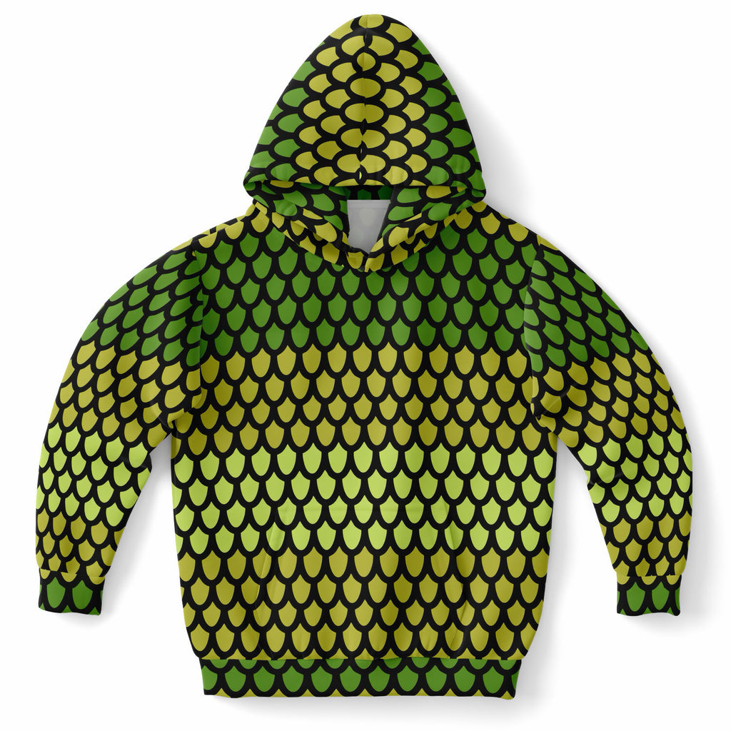Kids Green Dragon Scales Hoodie – Ultra Comfy & Stretchy, Cozy Fleece or Lightweight Sports Fabric, Double-Layer Hood & Kangaroo Pocket