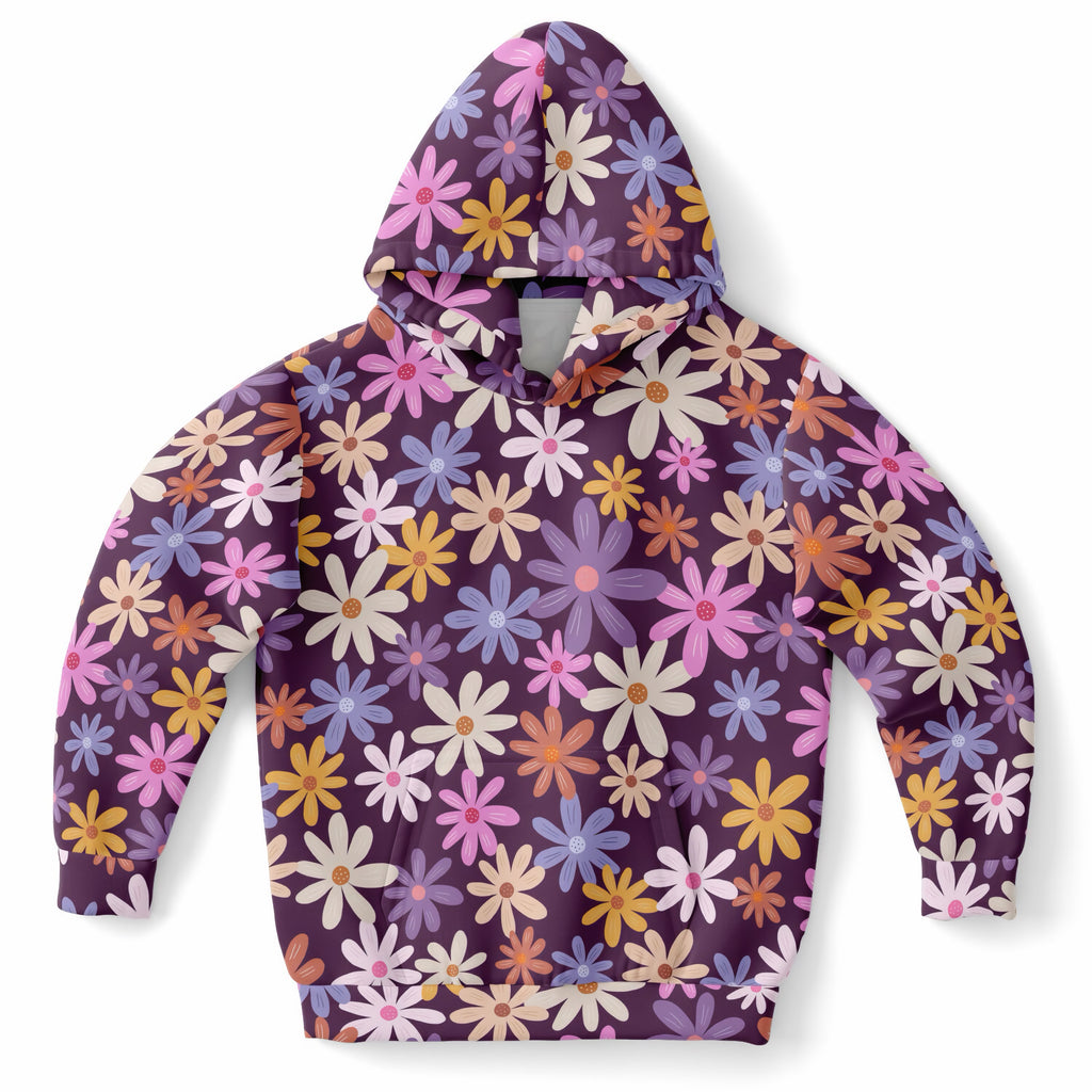 Girls Purple Retro Floral Hoodie – Ultra Comfy & Stretchy, Cozy Fleece or Lightweight Sports Fabric, Double-Layer Hood & Kangaroo Pocket