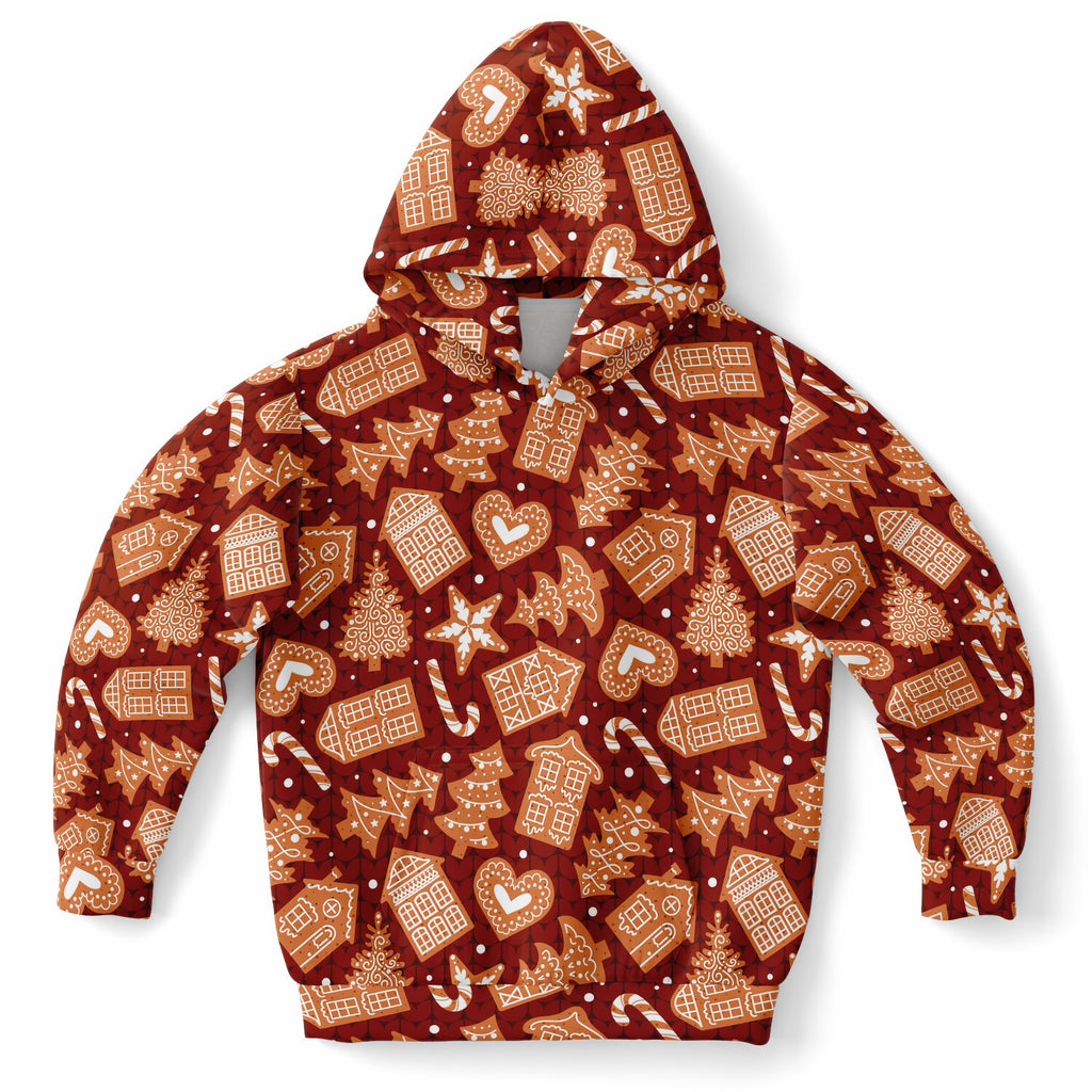 Kids Red Gingerbread Cookies Christmas Hoodie – Ultra Comfy & Stretchy, Cozy Fleece or Lightweight Sports Fabric, Double-Layer Hood & Kangaroo Pocket