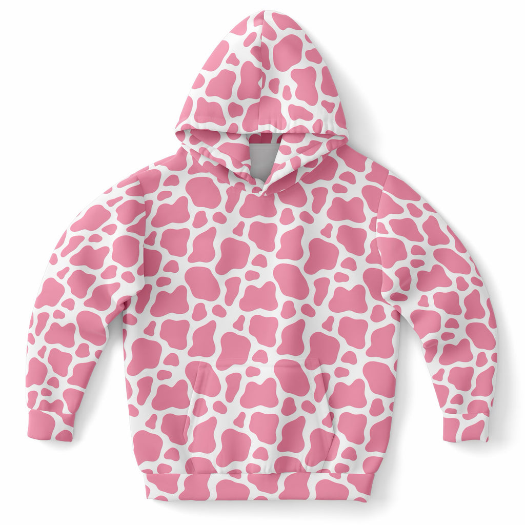 Girls Pink Cow Print Hoodie – Ultra Comfy & Stretchy, Cozy Fleece or Lightweight Sports Fabric, Double-Layer Hood & Kangaroo Pocket