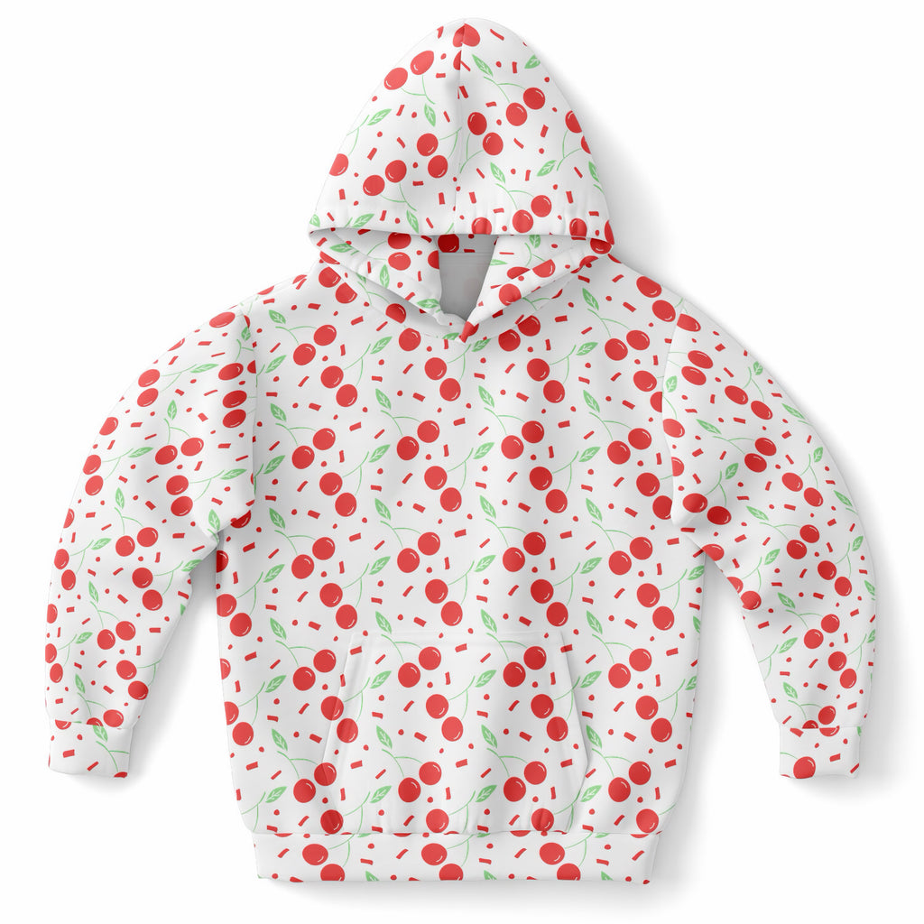 Girls Red Cherry Hoodie – Ultra Comfy & Stretchy, Cozy Fleece or Lightweight Sports Fabric, Double-Layer Hood & Kangaroo Pocket