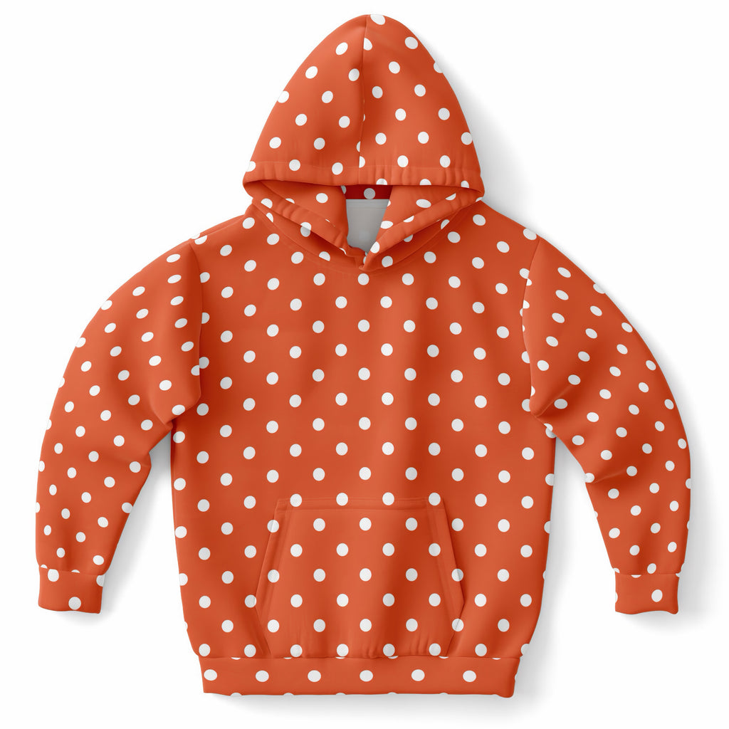 Kids Bright Orange Polka Dot Hoodie – Ultra Comfy & Stretchy, Cozy Fleece or Lightweight Sports Fabric, Double-Layer Hood & Kangaroo Pocket
