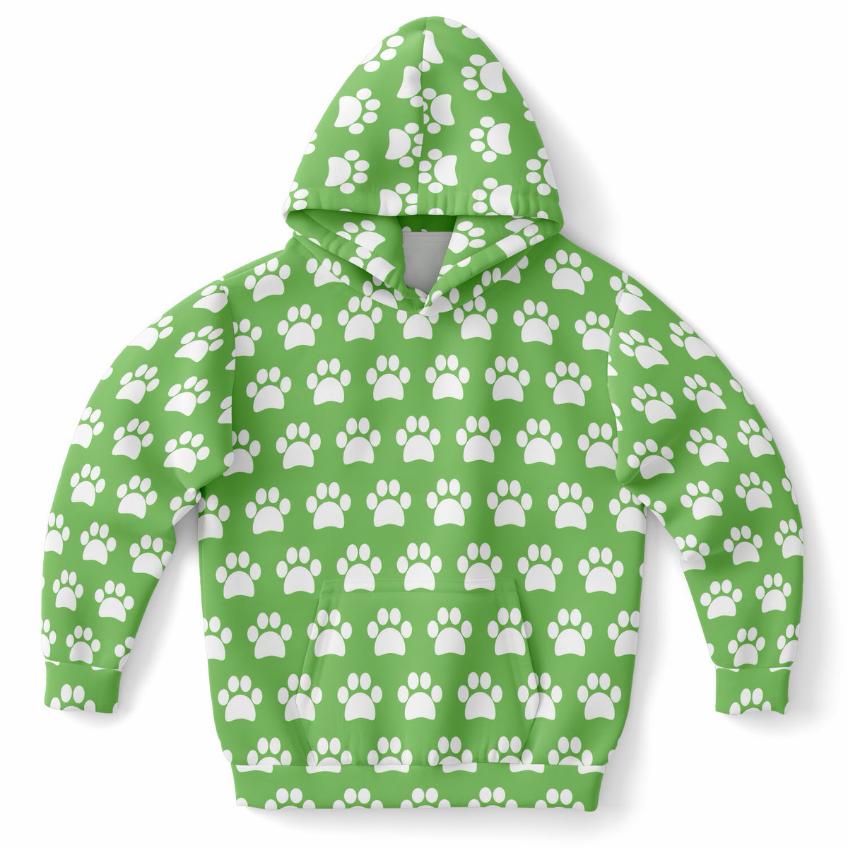 Kids Green Paw Print Hoodie – Ultra Comfy & Stretchy, Cozy Fleece or Lightweight Sports Fabric, Double-Layer Hood & Kangaroo Pocket