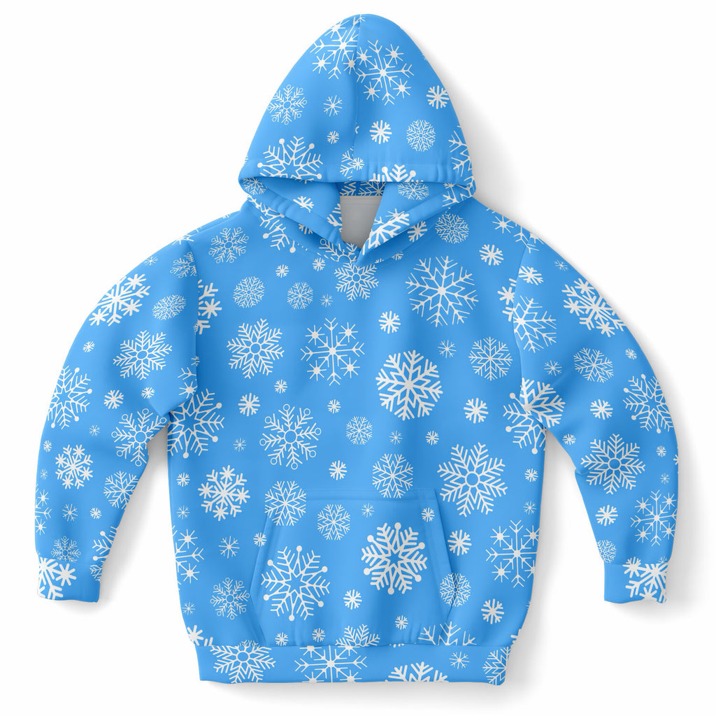 Kids Blue Snowflake Christmas Hoodie – Ultra Comfy & Stretchy, Cozy Fleece or Lightweight Sports Fabric, Double-Layer Hood & Kangaroo Pocket