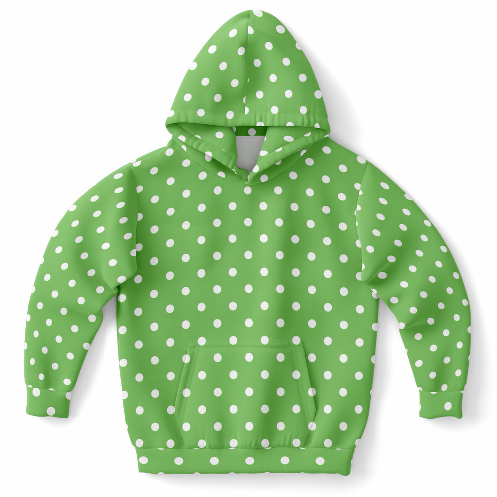 Kids Green Polka Dot Hoodie – Ultra Comfy & Stretchy, Cozy Fleece or Lightweight Sports Fabric, Double-Layer Hood & Kangaroo Pocket