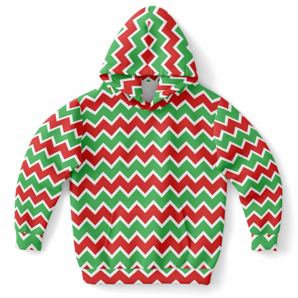 Kids Red & Green Christmas Chevron Hoodie – Ultra Comfy & Stretchy, Cozy Fleece or Lightweight Sports Fabric, Double-Layer Hood & Kangaroo Pocket