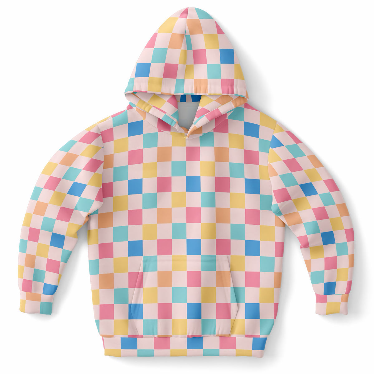 Girls Pastel Rainbow Checkered Hoodie – Ultra Comfy & Stretchy, Cozy Fleece or Lightweight Sports Fabric, Double-Layer Hood & Kangaroo Pocket