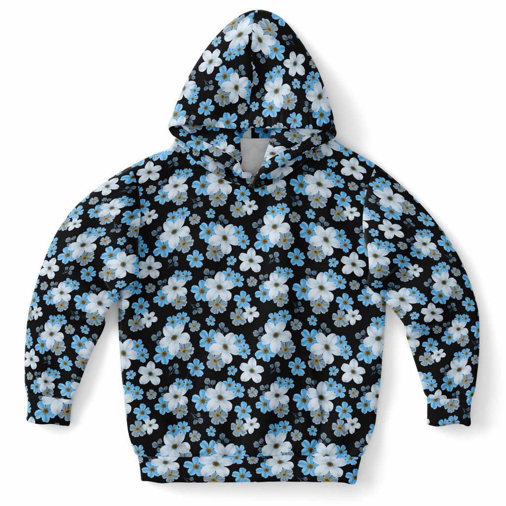 Girls Beautiful Sky Blue Flowers Hoodie – Ultra Comfy & Stretchy, Cozy Fleece or Lightweight Sports Fabric, Double-Layer Hood & Kangaroo Pocket