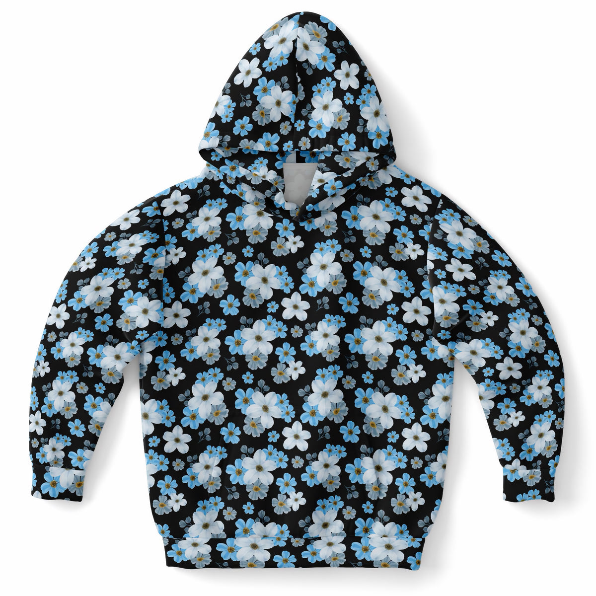 Girls Beautiful Sky Blue Flowers Hoodie – Ultra Comfy & Stretchy, Cozy Fleece or Lightweight Sports Fabric, Double-Layer Hood & Kangaroo Pocket