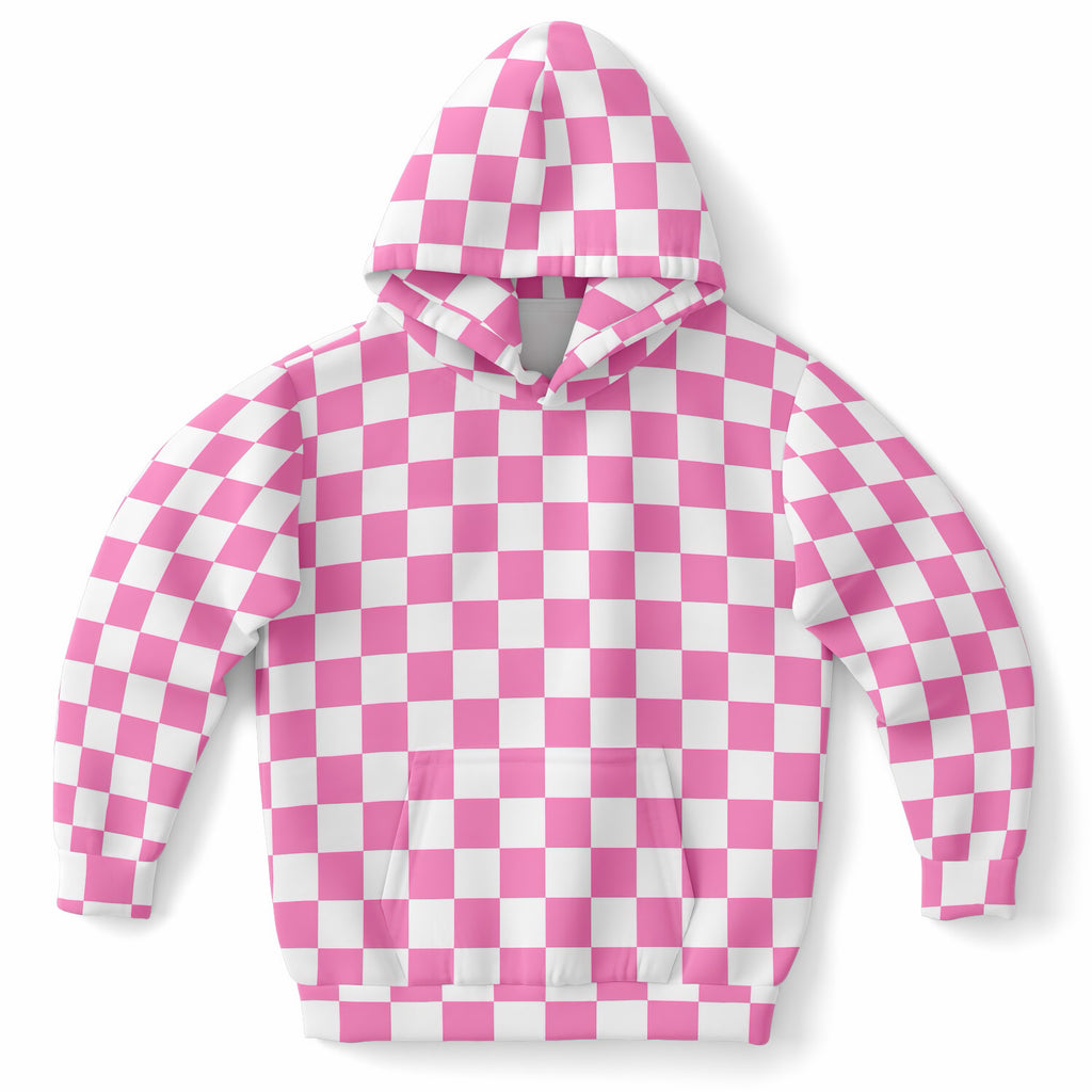 Girls Pink Checkered Hoodie – Ultra Comfy & Stretchy, Cozy Fleece or Lightweight Sports Fabric, Double-Layer Hood & Kangaroo Pocket