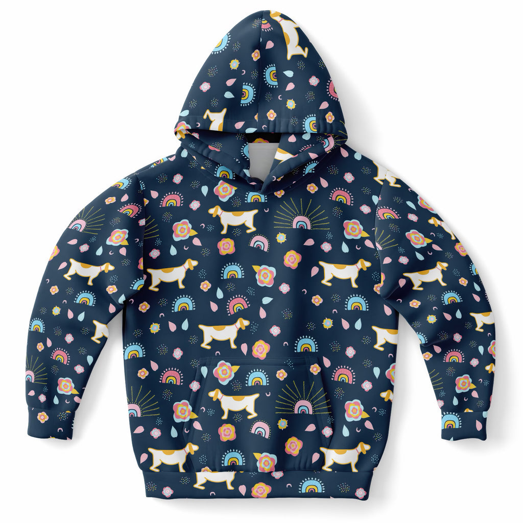 Girls Cute Dogs & Rainbows Hoodie – Ultra Comfy & Stretchy, Cozy Fleece or Lightweight Sports Fabric, Double-Layer Hood & Kangaroo Pocket