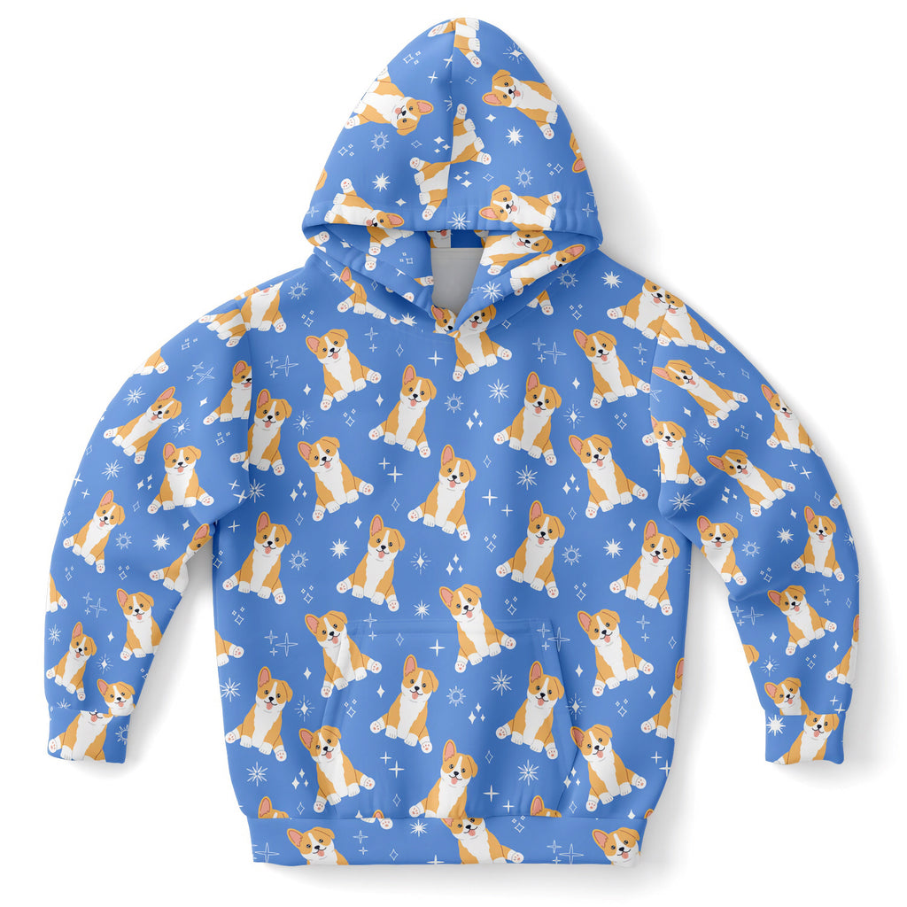 Kids Blue Corgi Dog Hoodie – Cozy Cotton Fleece or Lightweight Sports Fabric