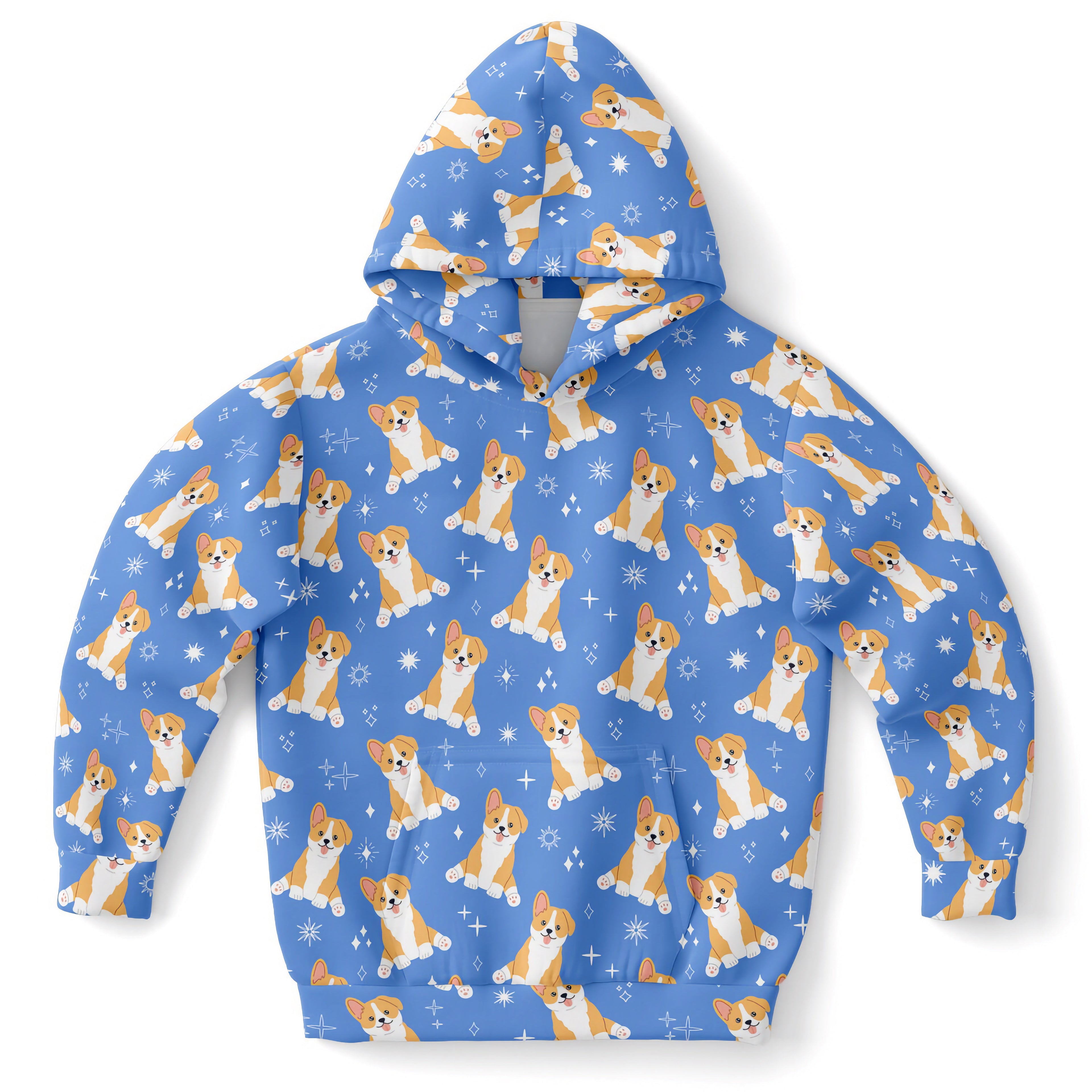 Kids Blue Corgi Dog Hoodie – Cozy Cotton Fleece or Lightweight Sports Fabric