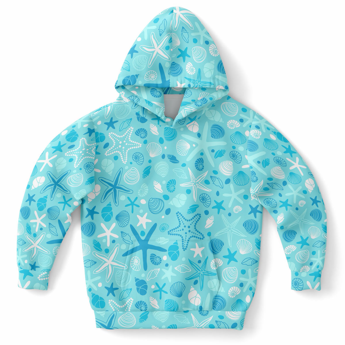 Kids Starfish & Shells Hoodie – Ultra Comfy & Stretchy, Cozy Fleece or Lightweight Sports Fabric, Double-Layer Hood & Kangaroo Pocket