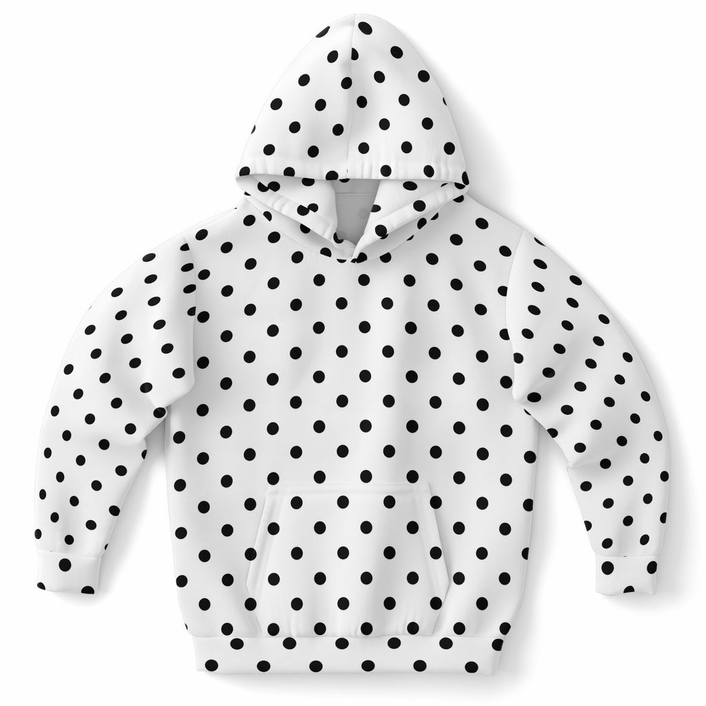 Kids White Polka Dot Hoodie – Ultra Comfy & Stretchy, Cozy Fleece or Lightweight Sports Fabric, Double-Layer Hood & Kangaroo Pocket