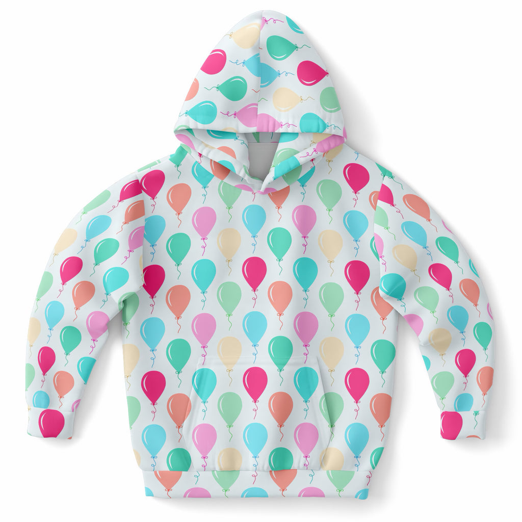 Kids Colorful Birthday Balloons Hoodie – Ultra Comfy & Stretchy, Cozy Fleece or Lightweight Sports Fabric, Double-Layer Hood & Kangaroo Pocket