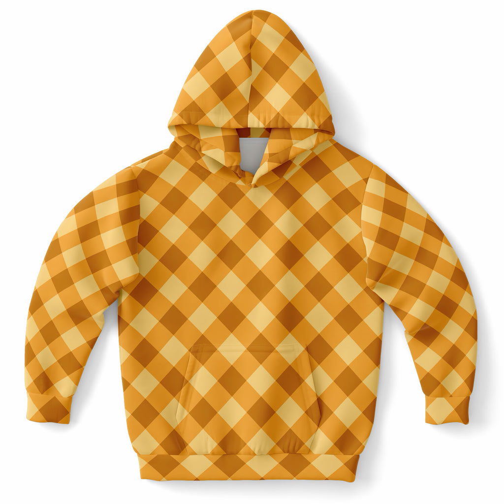 Kids Orange Gingham Checkered Hoodie – Ultra Comfy & Stretchy, Cozy Fleece or Lightweight Sports Fabric, Double-Layer Hood & Kangaroo Pocket