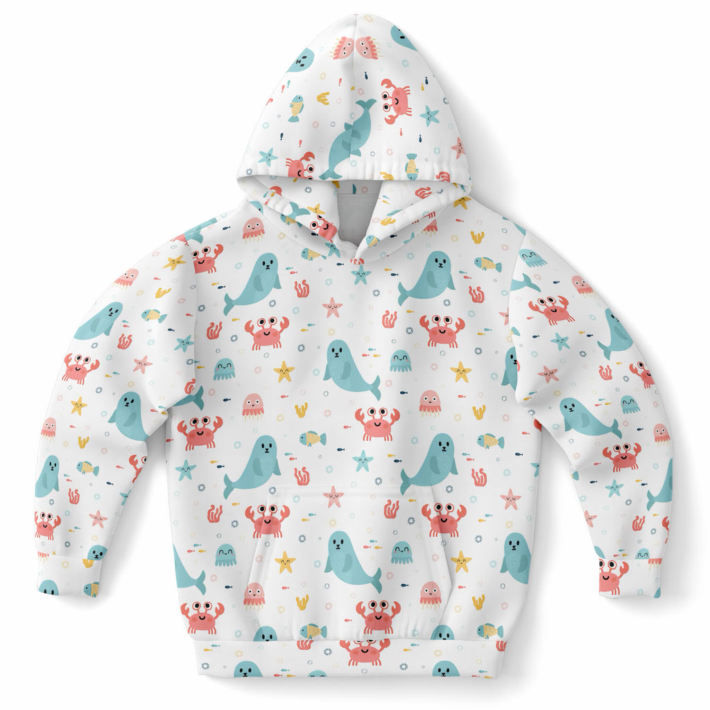 Kids Cute Ocean Animals Hoodie – Ultra Comfy & Stretchy, Cozy Fleece or Lightweight Sports Fabric, Double-Layer Hood & Kangaroo Pocket