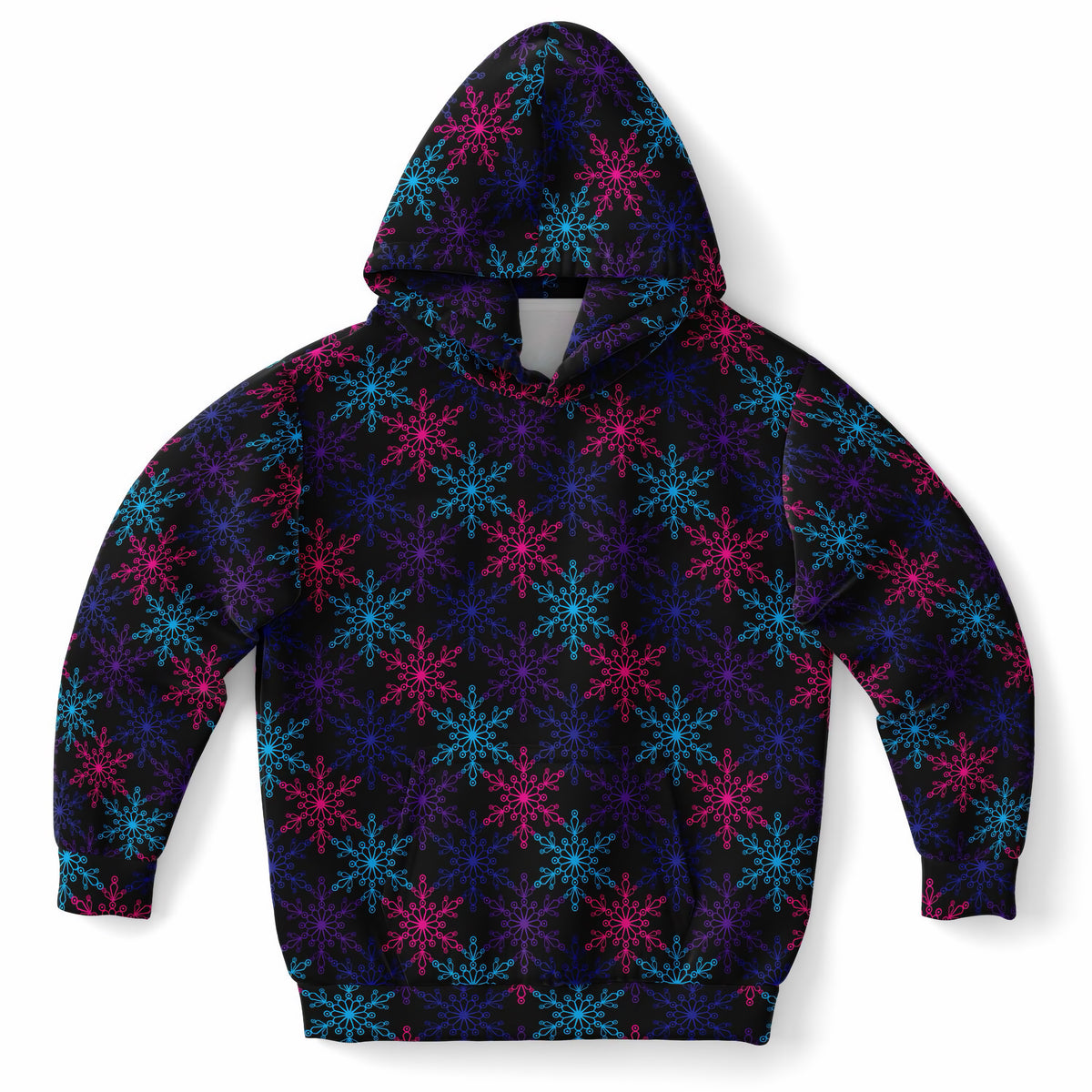 Kids Vibrant Snowflake Christmas Hoodie – Ultra Comfy & Stretchy, Cozy Fleece or Lightweight Sports Fabric, Double-Layer Hood & Kangaroo Pocket