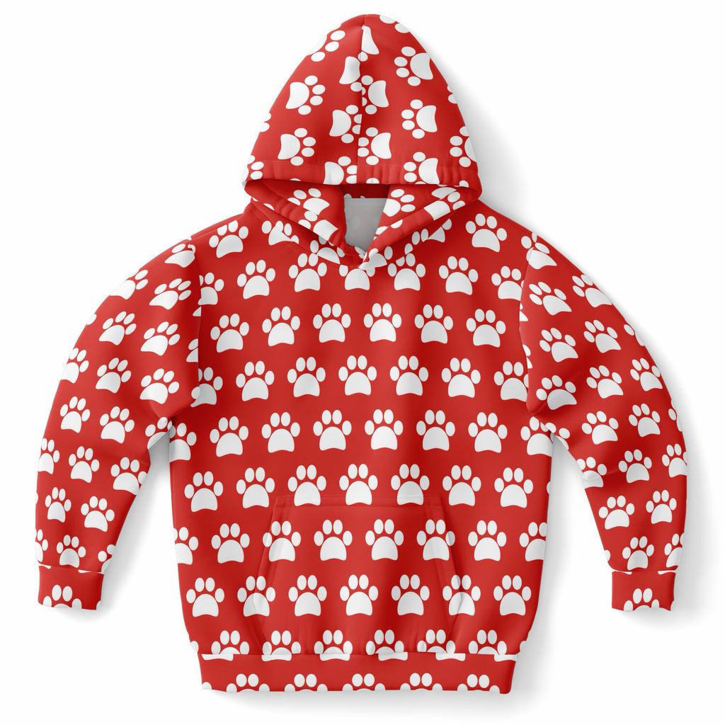 Kids Red Paw Print Hoodie – Ultra Comfy & Stretchy, Cozy Fleece or Lightweight Sports Fabric, Double-Layer Hood & Kangaroo Pocket