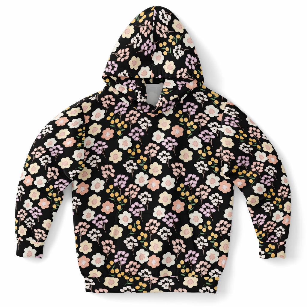 Girls Black Floral Hoodie – Ultra Comfy & Stretchy, Cozy Fleece or Lightweight Sports Fabric, Double-Layer Hood & Kangaroo Pocket