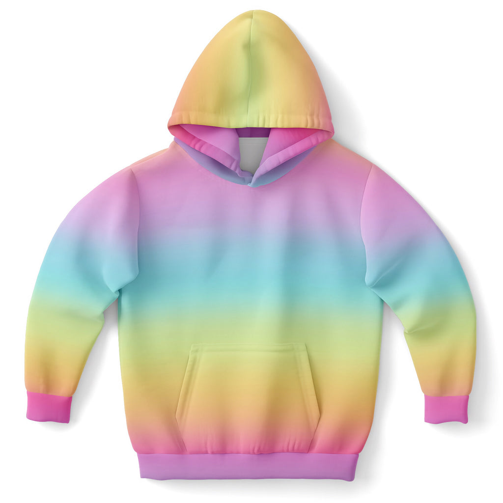 Girls bright rainbow hoodie with soft cotton fleece or lightweight fabric in vibrant gradient and pink cuffs and hem