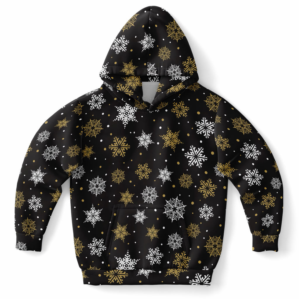 Kids Dark Brown, Gold & White Snowflake Christmas Hoodie – Ultra Comfy & Stretchy, Cozy Fleece or Lightweight Sports Fabric, Double-Layer Hood & Kangaroo Pocket