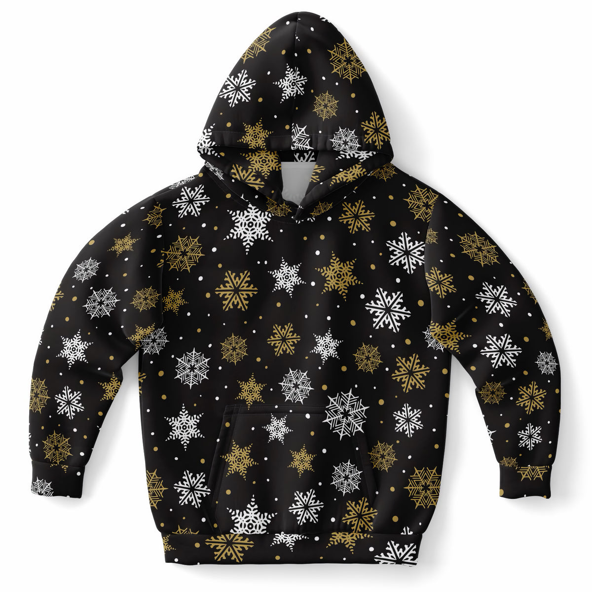 Kids Dark Brown, Gold & White Snowflake Christmas Hoodie – Ultra Comfy & Stretchy, Cozy Fleece or Lightweight Sports Fabric, Double-Layer Hood & Kangaroo Pocket