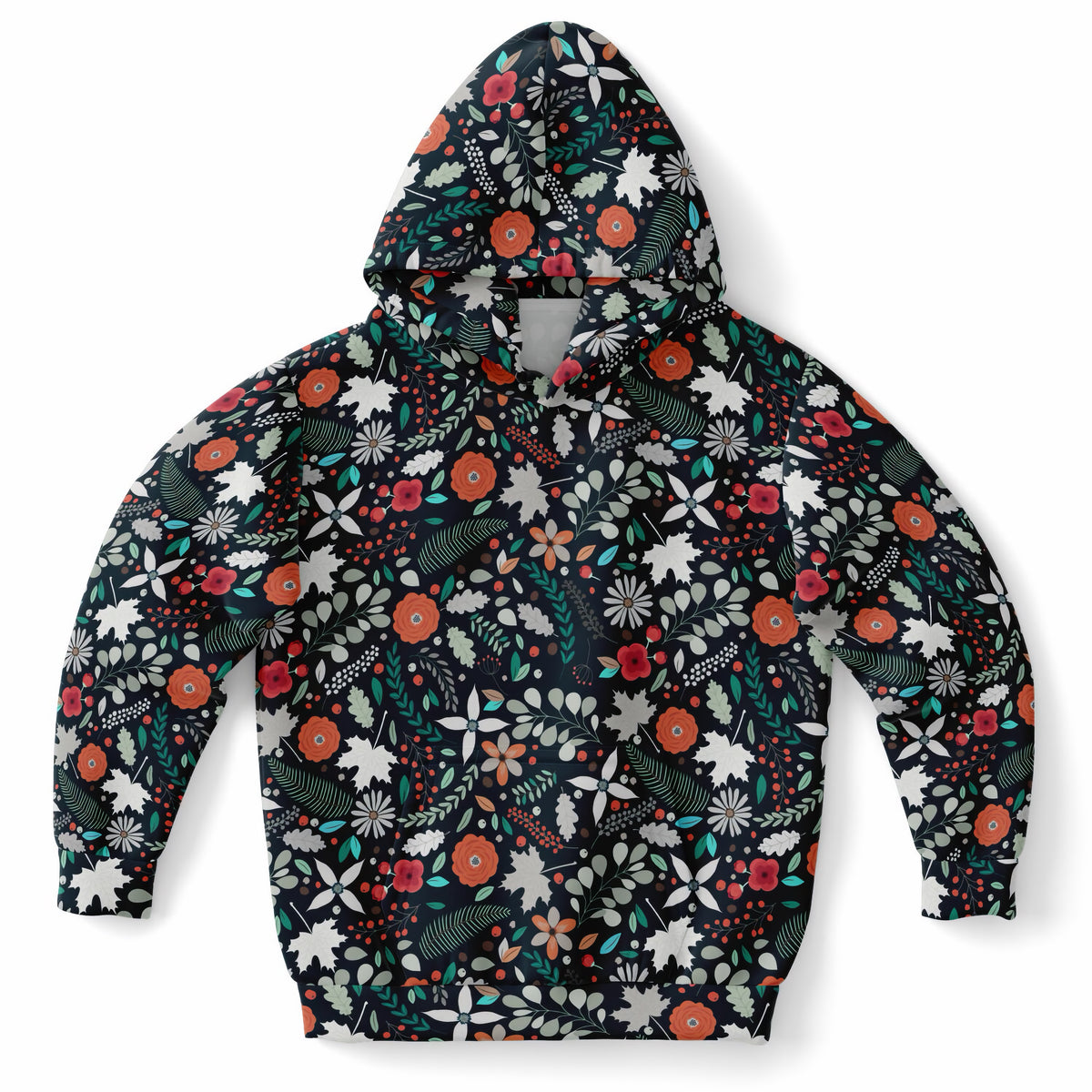 Girls Dark Green Floral Hoodie – Ultra Comfy & Stretchy, Cozy Fleece or Lightweight Sports Fabric, Double-Layer Hood & Kangaroo Pocket
