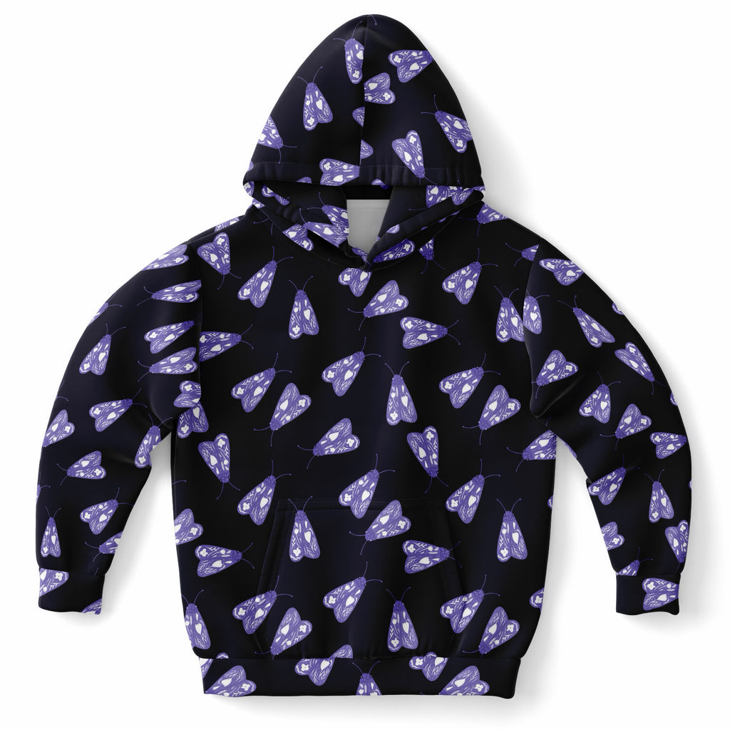 Kids Purple Moth Hoodie – Ultra Comfy & Stretchy, Cozy Fleece or Lightweight Sports Fabric, Double-Layer Hood & Kangaroo Pocket