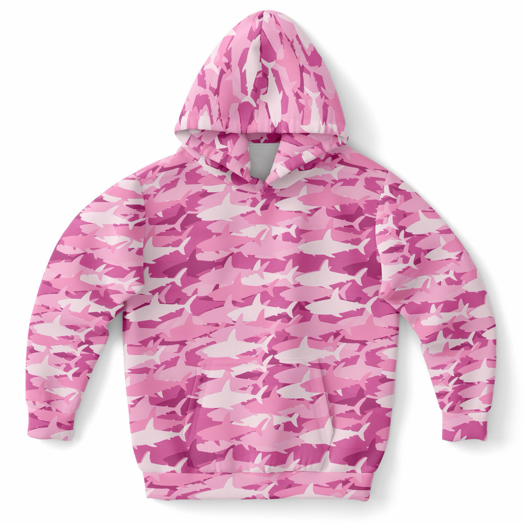 Girls Pink Shark Camouflage Hoodie – Ultra Comfy & Stretchy, Cozy Fleece or Lightweight Sports Fabric, Double-Layer Hood & Kangaroo Pocket