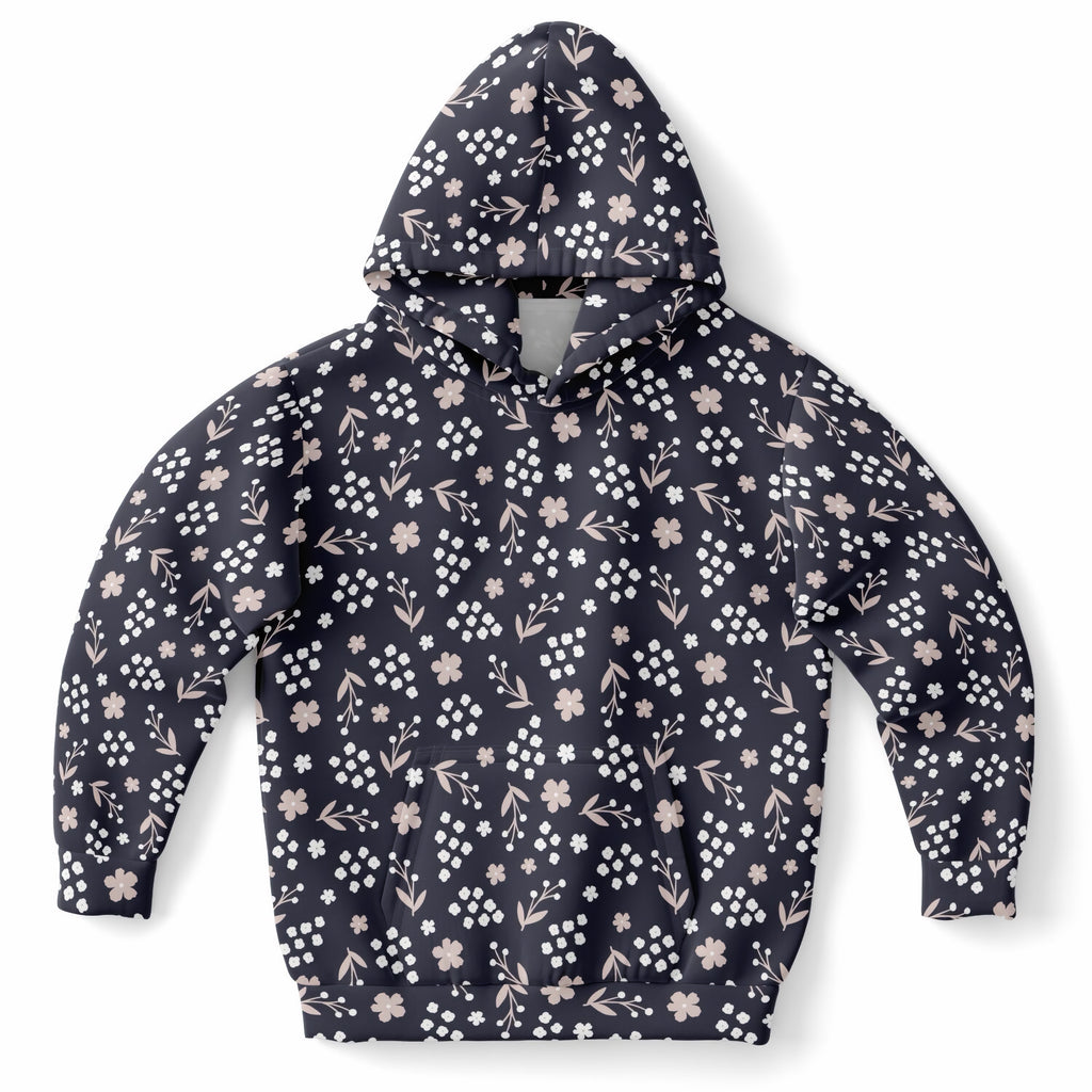Girls Dark Navy Blue Floral Hoodie – Ultra Comfy & Stretchy, Cozy Fleece or Lightweight Sports Fabric, Double-Layer Hood & Kangaroo Pocket