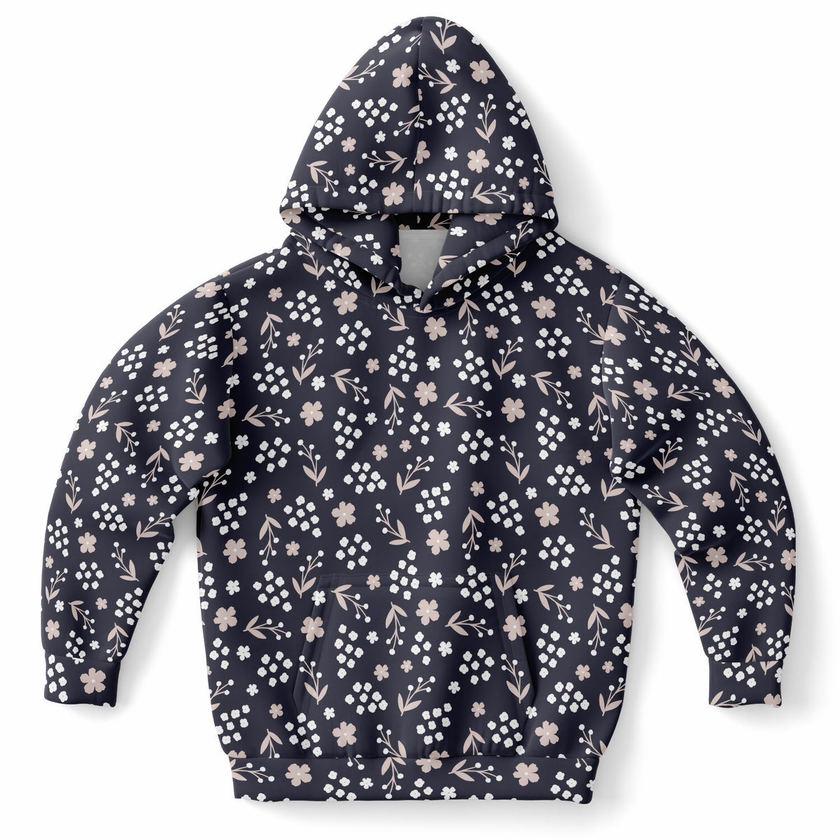 Girls Dark Navy Blue Floral Hoodie – Ultra Comfy & Stretchy, Cozy Fleece or Lightweight Sports Fabric, Double-Layer Hood & Kangaroo Pocket