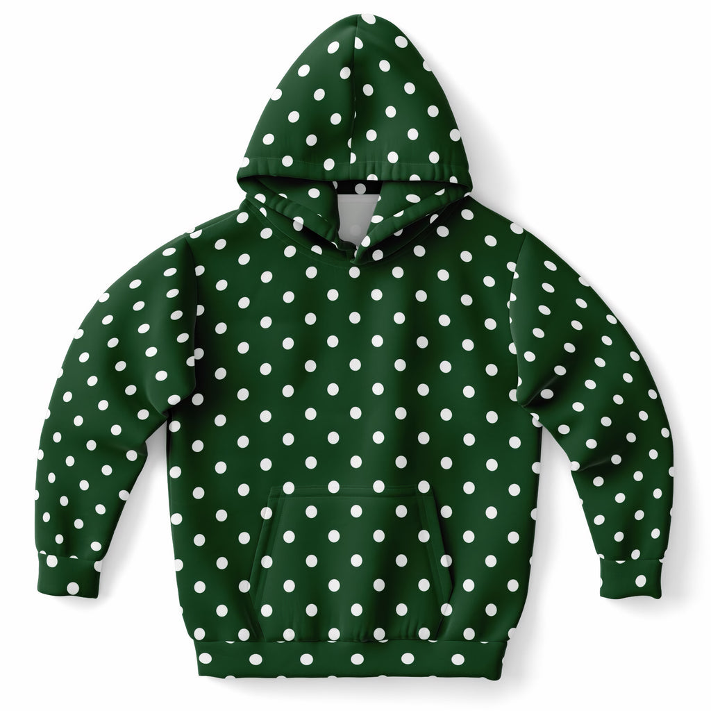 Kids Forest Green Polka Dot Hoodie – Ultra Comfy & Stretchy, Cozy Fleece or Lightweight Sports Fabric, Double-Layer Hood & Kangaroo Pocket