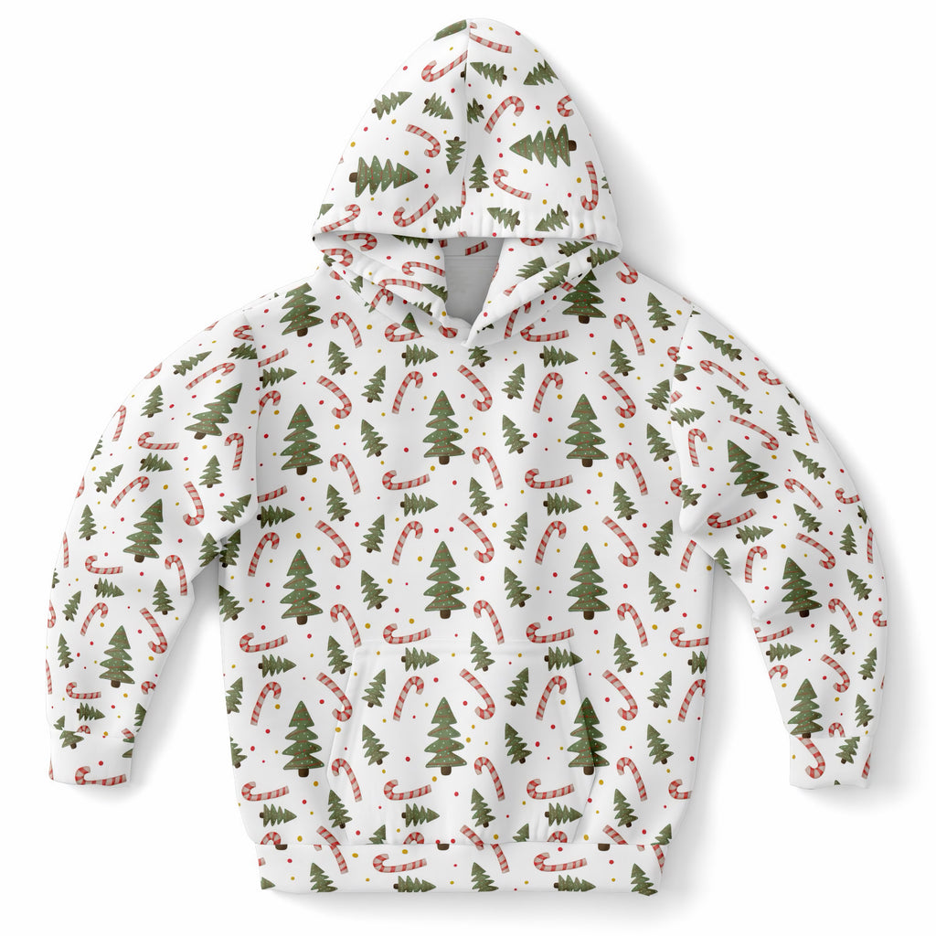 Kids Christmas Tree Candy Cane Hoodie – Ultra Comfy & Stretchy, Cozy Fleece or Lightweight Sports Fabric, Double-Layer Hood & Kangaroo Pocket