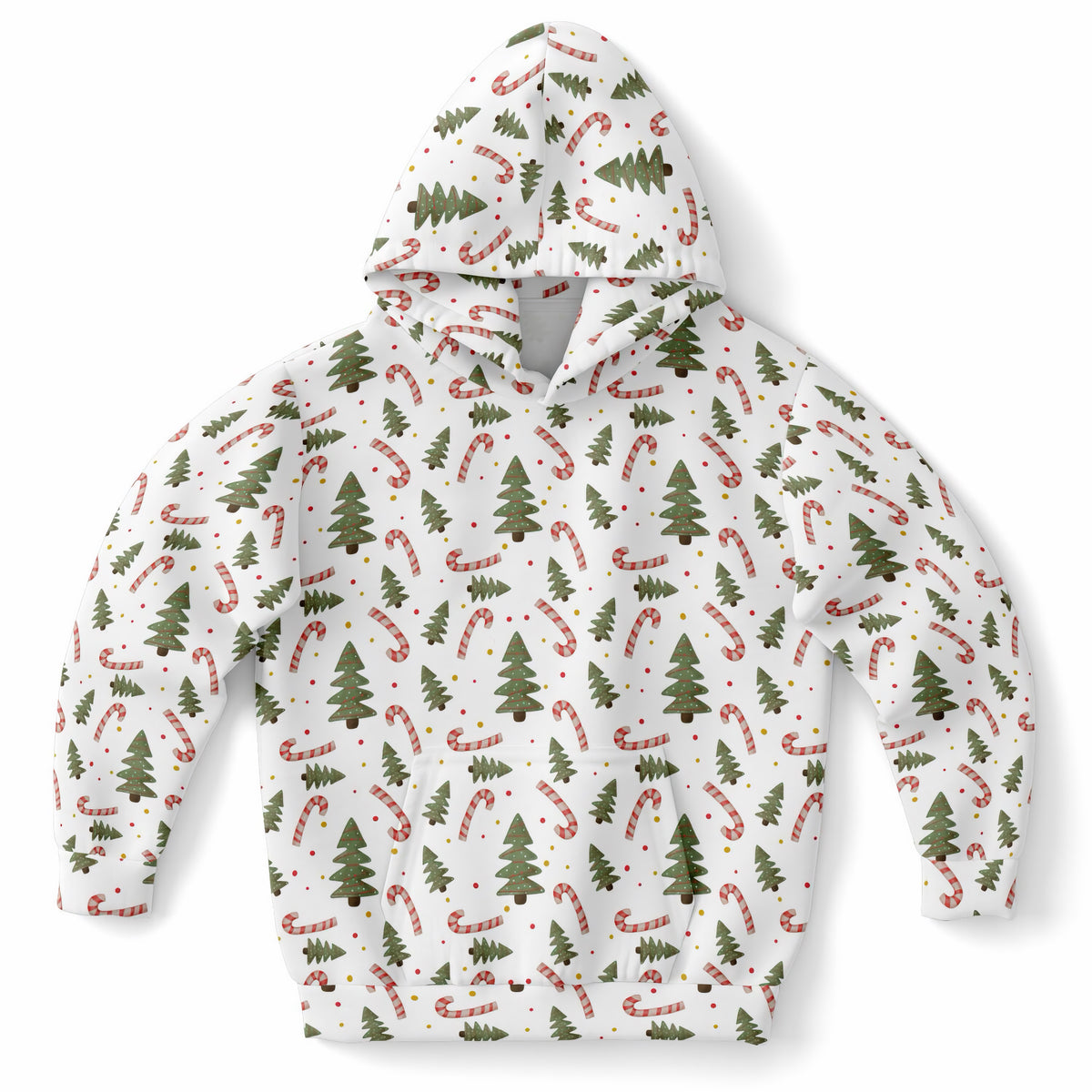 Kids Christmas Tree Candy Cane Hoodie – Ultra Comfy & Stretchy, Cozy Fleece or Lightweight Sports Fabric, Double-Layer Hood & Kangaroo Pocket
