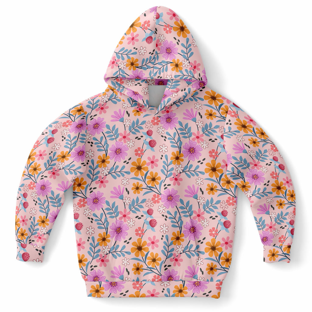 Girls Colorful Pink Wildflower Hoodie – Ultra Comfy & Stretchy, Cozy Fleece or Lightweight Sports Fabric, Double-Layer Hood & Kangaroo Pocket