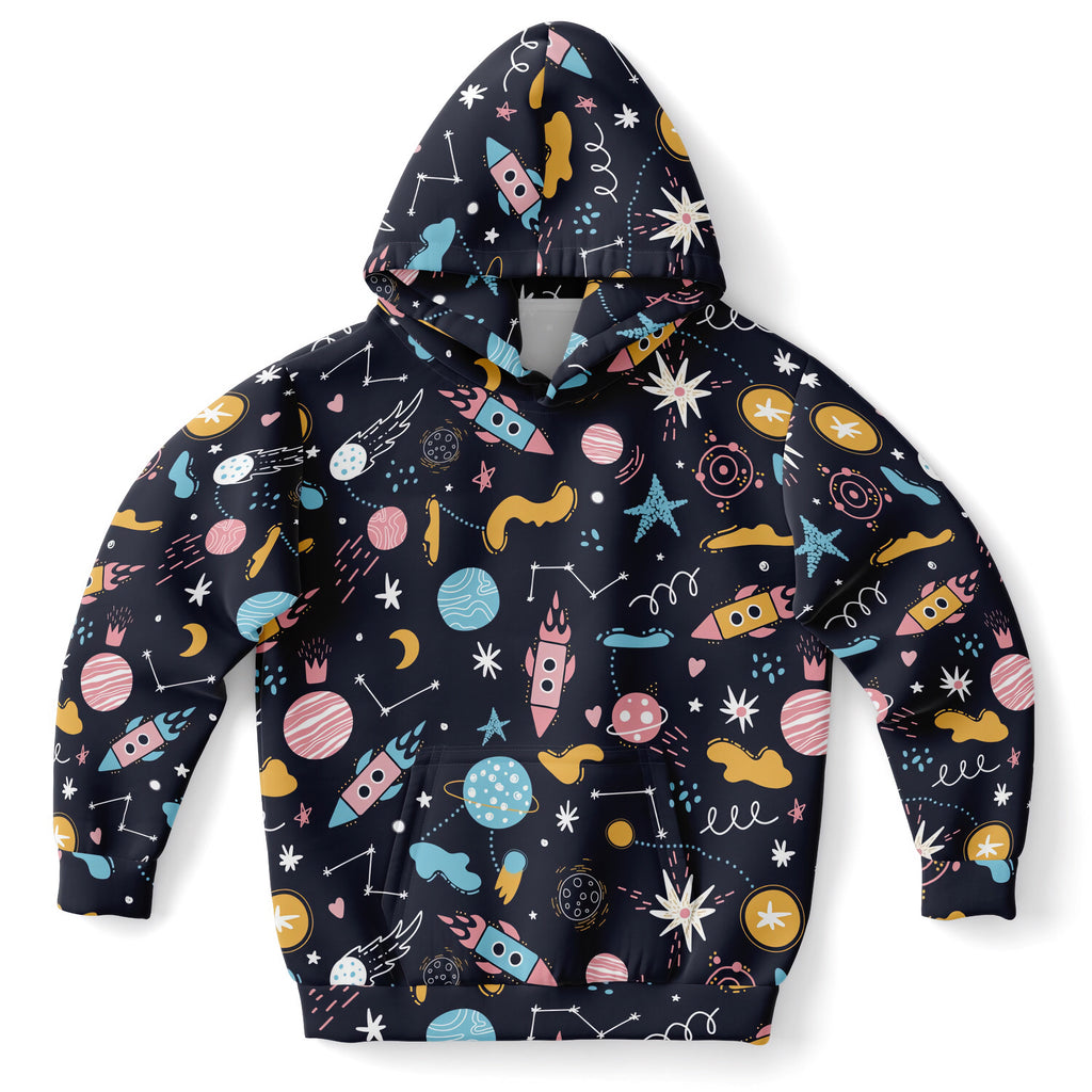 Kids outer space hoodie in dark navy cotton fleece with colorful rockets planets stars and constellations pattern