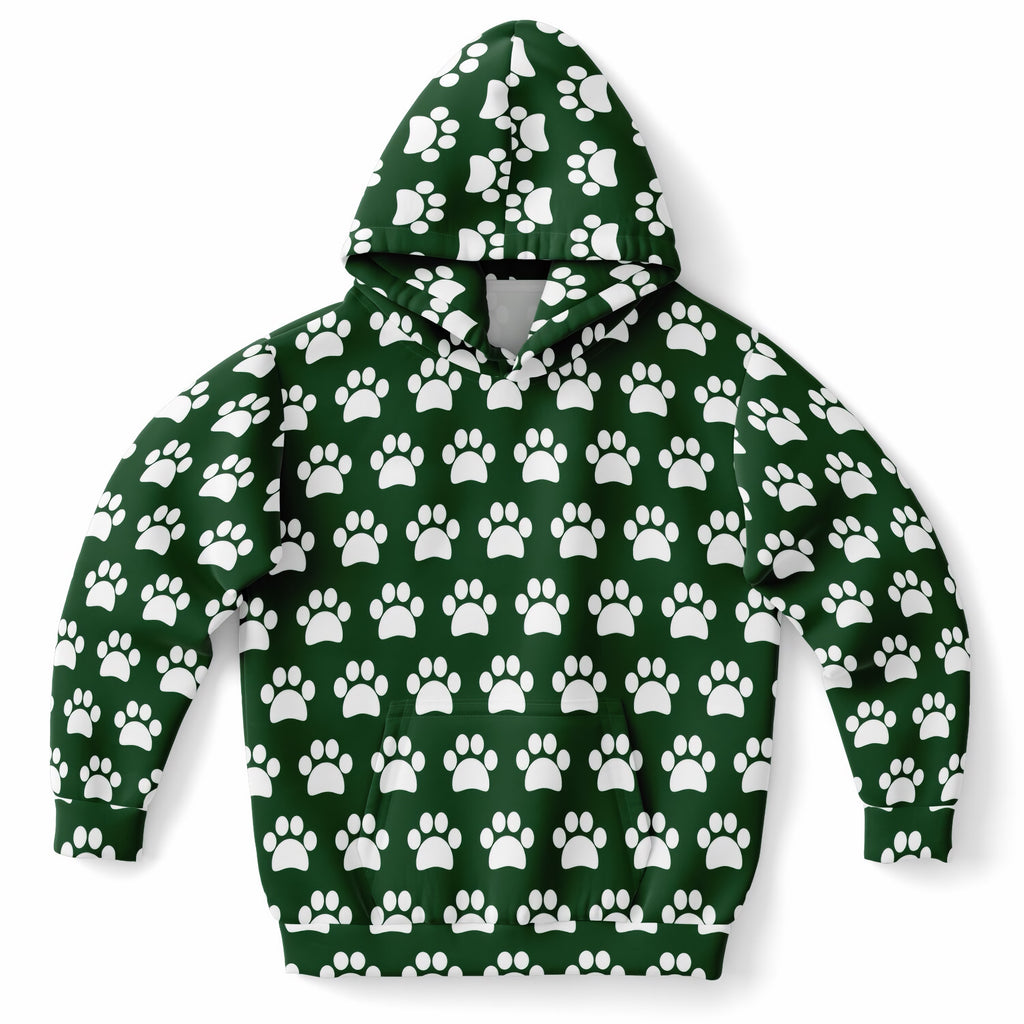 Kids Forest Green Paw Print Hoodie – Ultra Comfy & Stretchy, Cozy Fleece or Lightweight Sports Fabric, Double-Layer Hood & Kangaroo Pocket