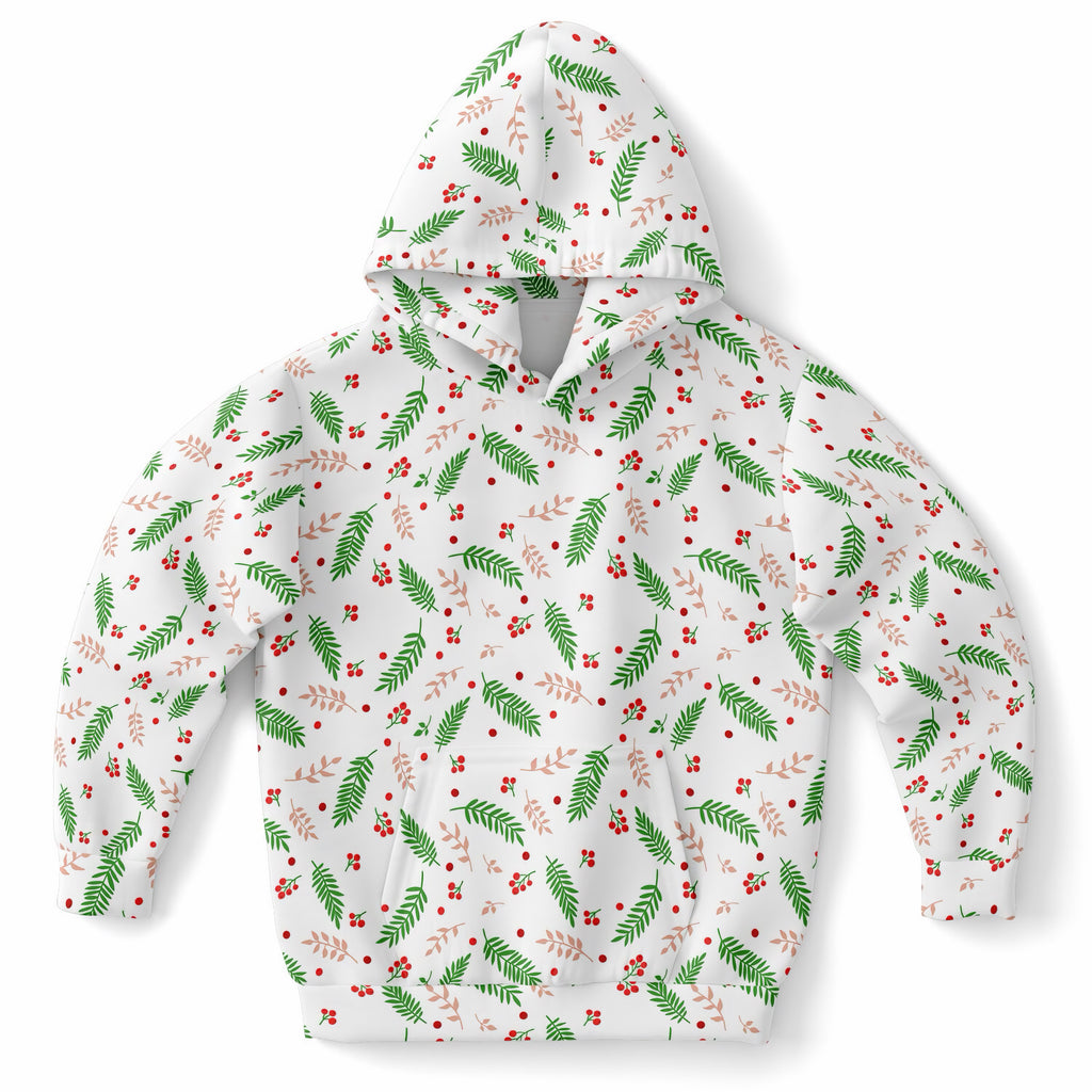 Kids Christmas Holly Berry & Evergreen Hoodie – Ultra Comfy & Stretchy, Cozy Fleece or Lightweight Sports Fabric, Double-Layer Hood & Kangaroo Pocket