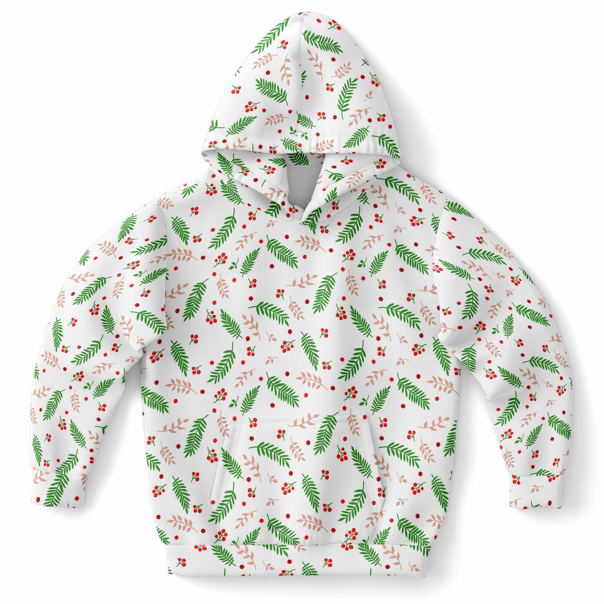 Kids Christmas Holly Berry & Evergreen Hoodie – Ultra Comfy & Stretchy, Cozy Fleece or Lightweight Sports Fabric, Double-Layer Hood & Kangaroo Pocket