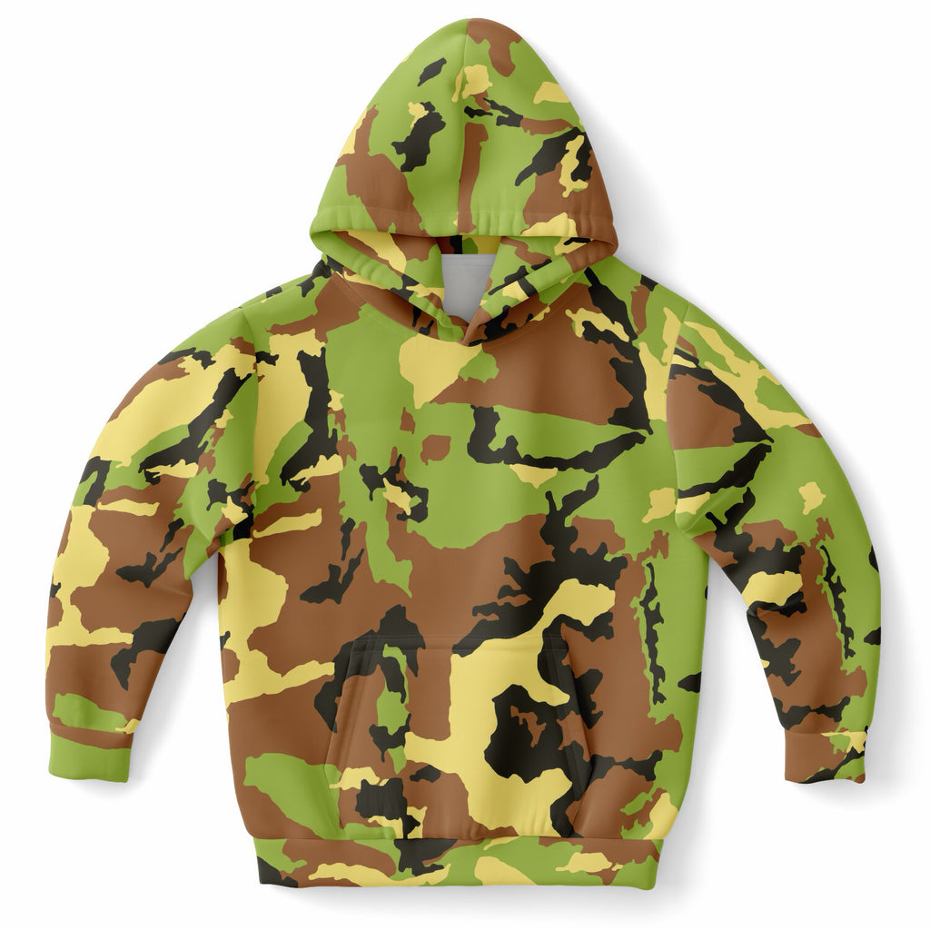 Kids Green Camouflage Hoodie – Ultra Comfy & Stretchy, Cozy Fleece or Lightweight Sports Fabric, Double-Layer Hood & Kangaroo Pocket